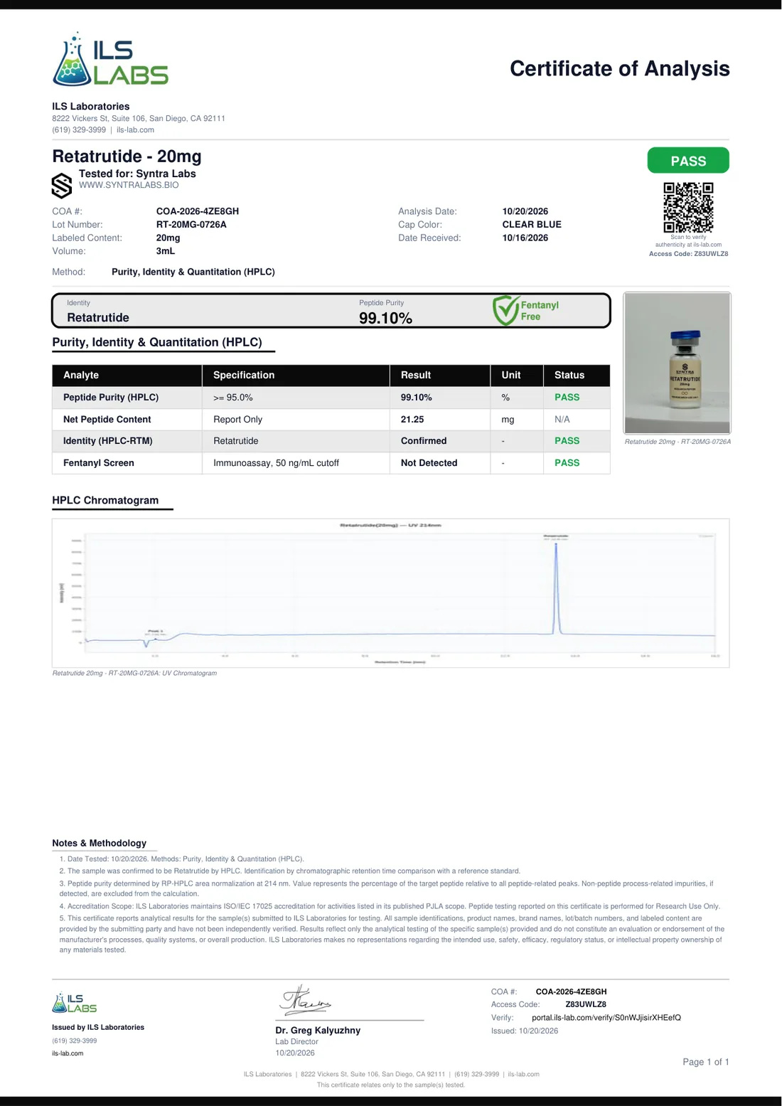 Certificado de análisis de Retatrutide 20 mg, lote RT-20MG-0726A, emitido por ILS Laboratories