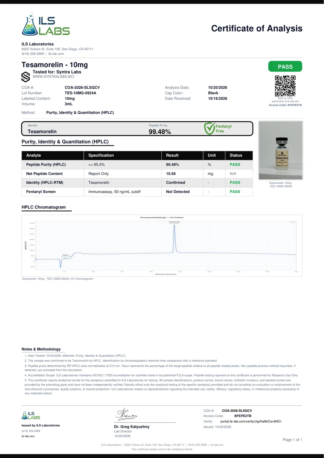 Certificado de análisis de Tesamorelin 10 mg, lote TES-10MG-0924A, emitido por ILS Laboratories