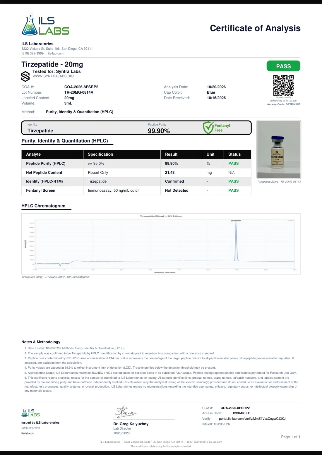 Certificado de análisis de Tirzepatide 20 mg, lote TR-20MG-0814A, emitido por ILS Laboratories